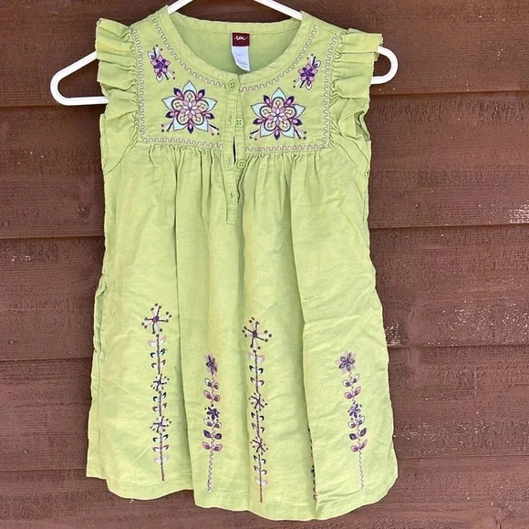 Tea  green and purple linen empire waist dress with pockets size 7 - Picture 1 of 8